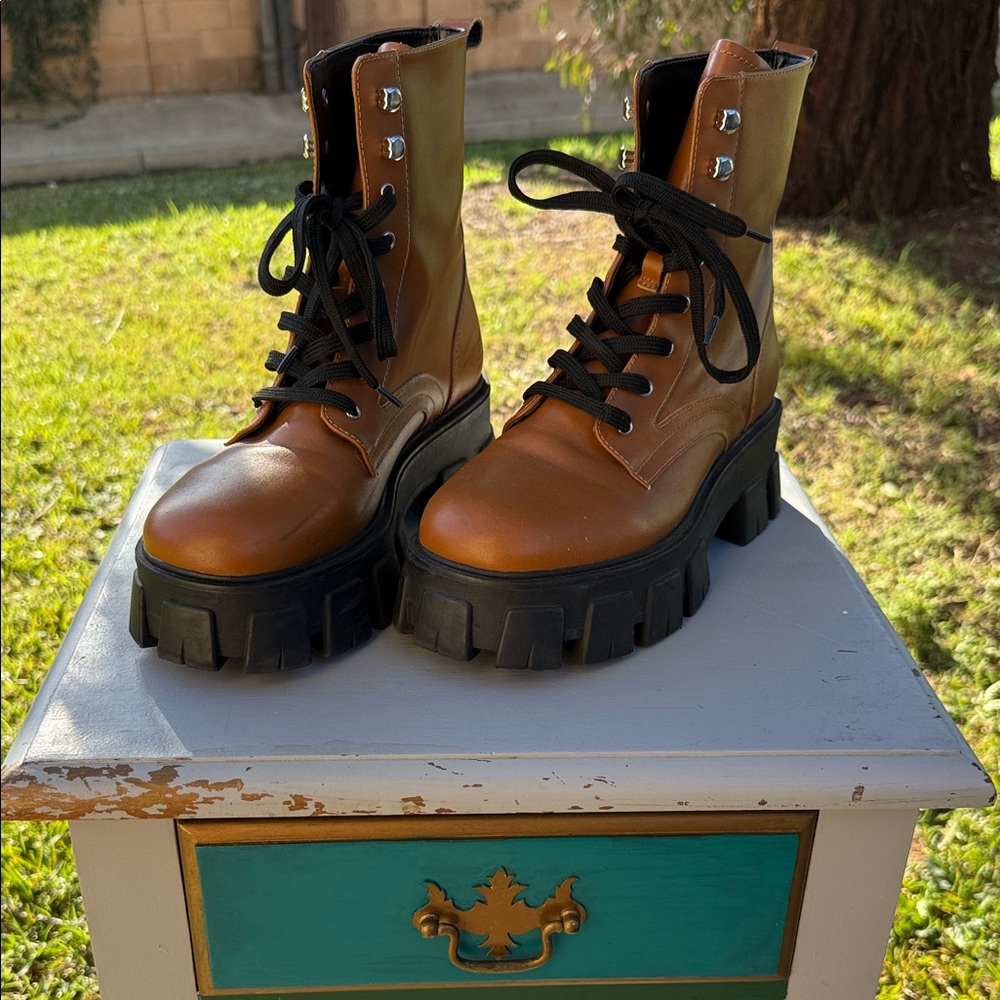 Marc Fisher Tan and Black Combat Boots